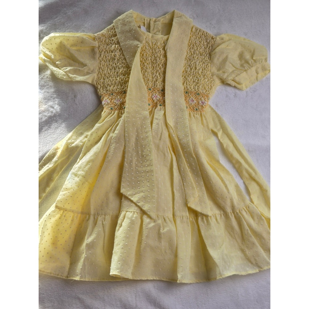 Polly Flinders Vintage Hand Smocked Swiss Dot Dress Yellow Floral Size 5